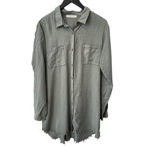 Urban Daizy Button Front Tunic Shirt Dress Long Sleeve Frayed Hem Sage Green